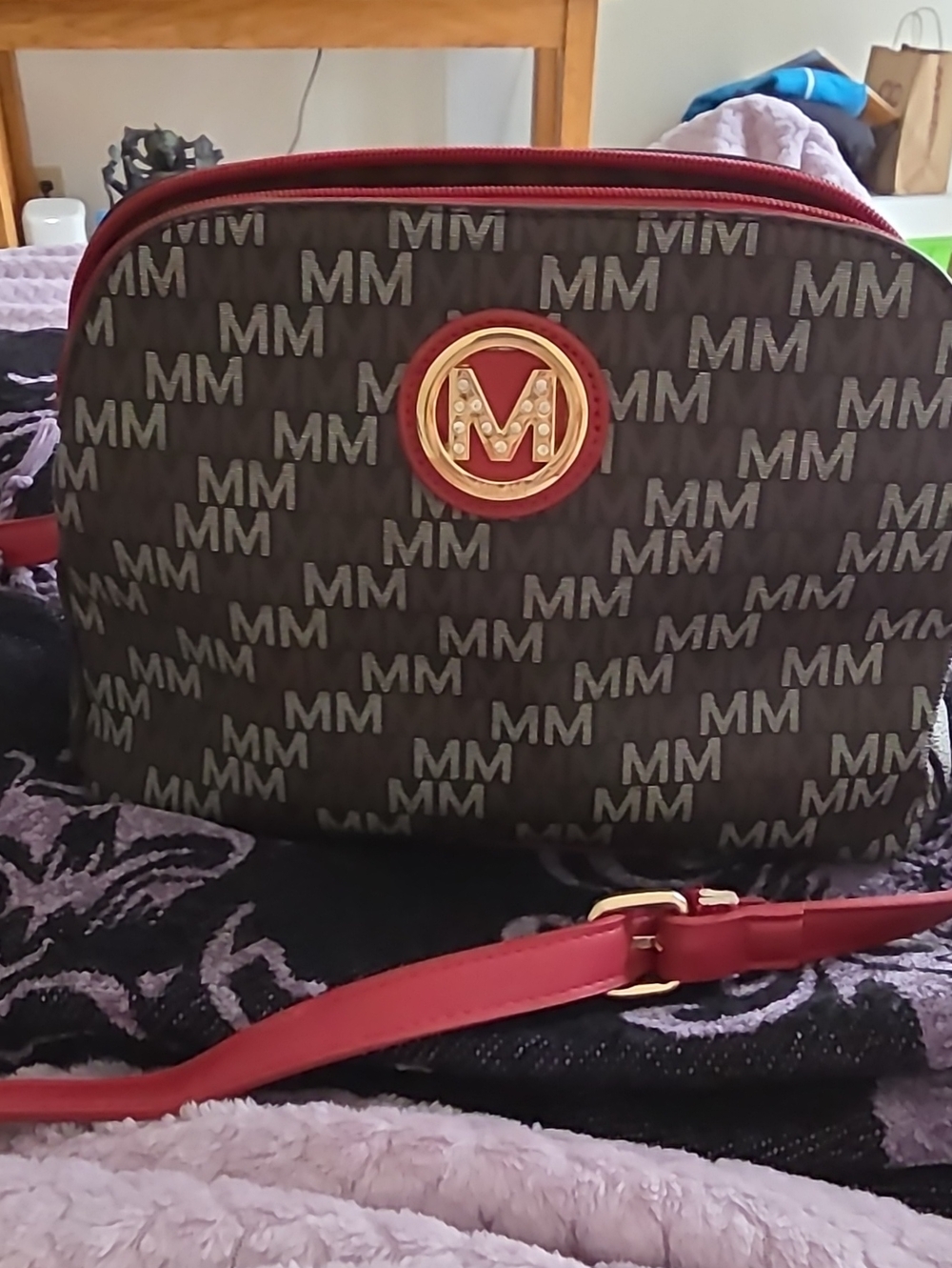 MM Monogram Crossbody Bag in Brown with Red Trim